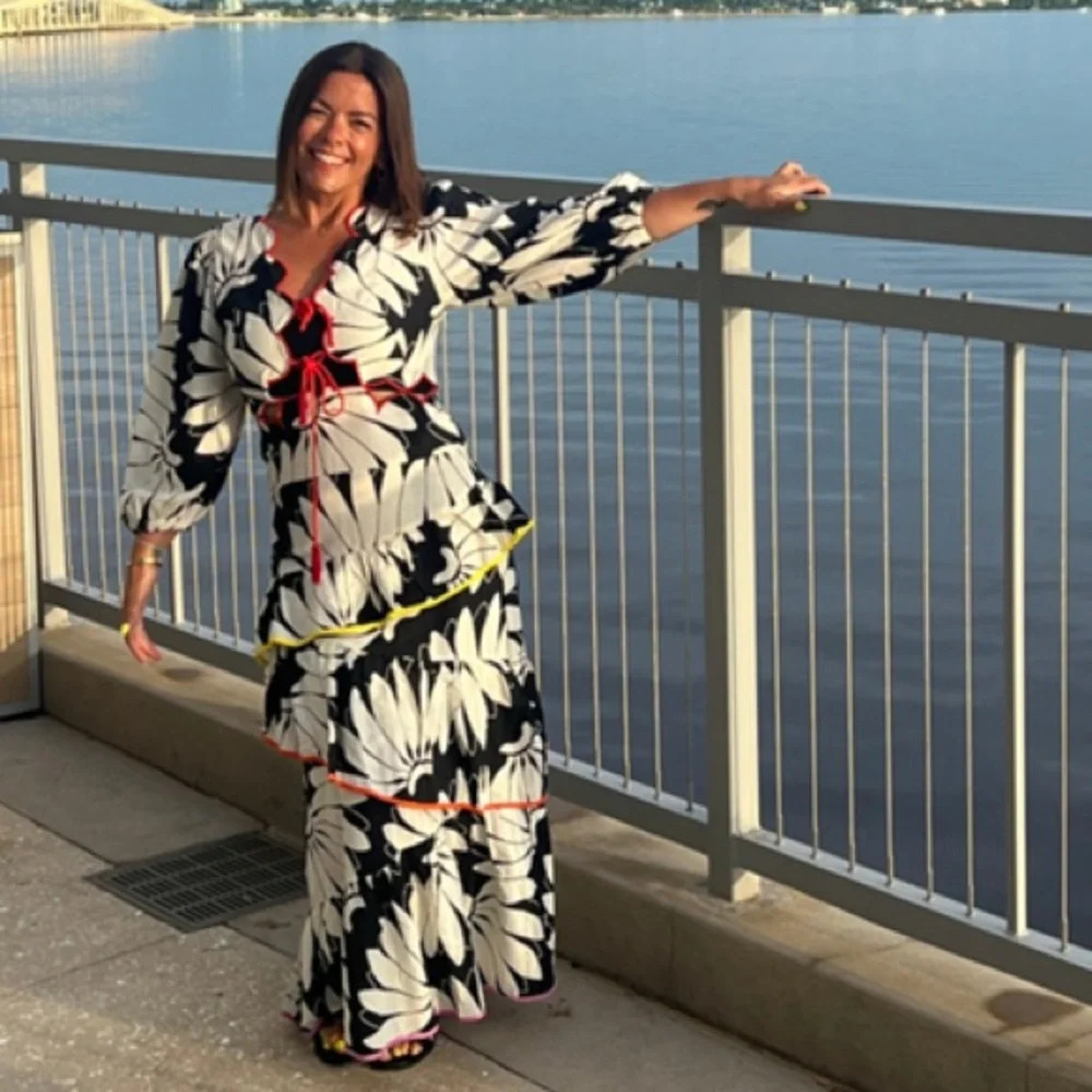 Farm Rio Cutout Tiered Tie Front Colorful Floral Tropical Boho Maxi Dress Large - Picture 2 of 9